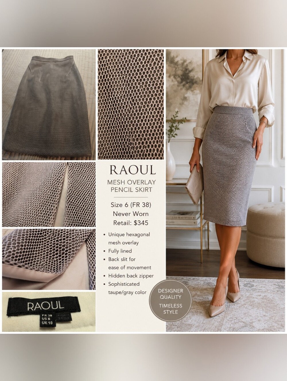 RAOUL Designer Mesh Overlay Pencil Skirt 6 Taupe Gray | Never Worn | Retail $345